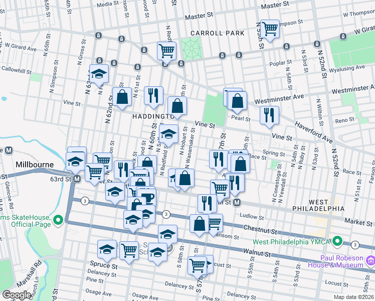 map of restaurants, bars, coffee shops, grocery stores, and more near 5820 Race Street in Philadelphia