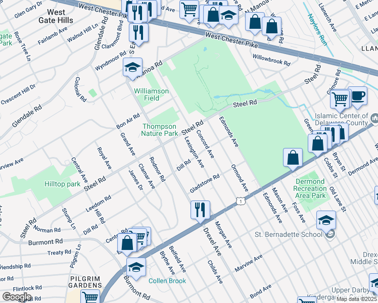 map of restaurants, bars, coffee shops, grocery stores, and more near 204 Lexington Avenue in Havertown