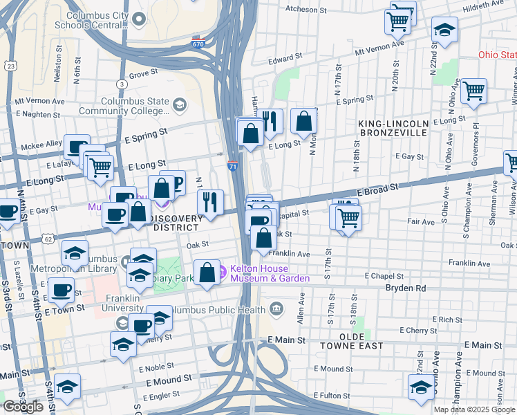 map of restaurants, bars, coffee shops, grocery stores, and more near 706 East Broad Street in Columbus