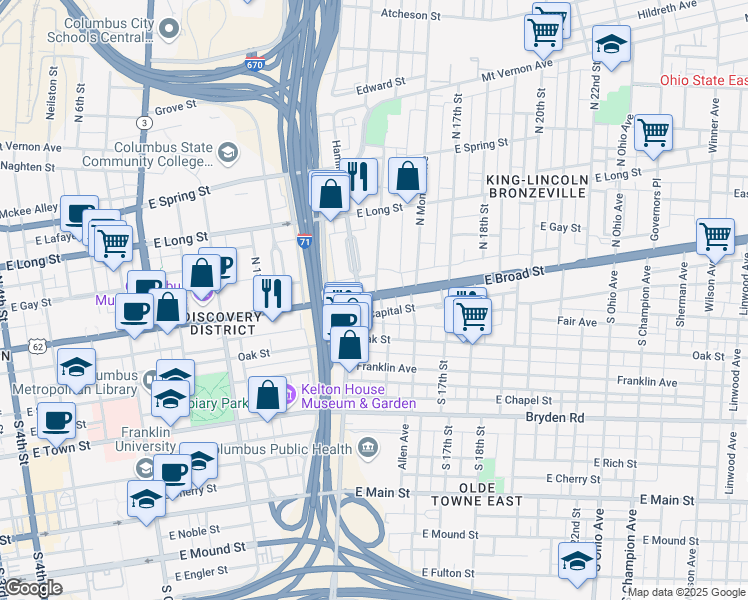 map of restaurants, bars, coffee shops, grocery stores, and more near 753 East Broad Street in Columbus