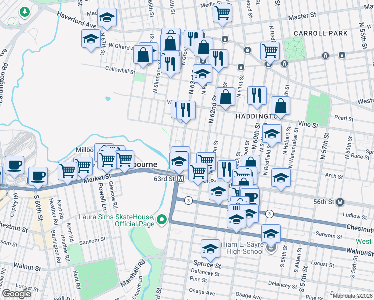map of restaurants, bars, coffee shops, grocery stores, and more near 107 North 63rd Street in Philadelphia