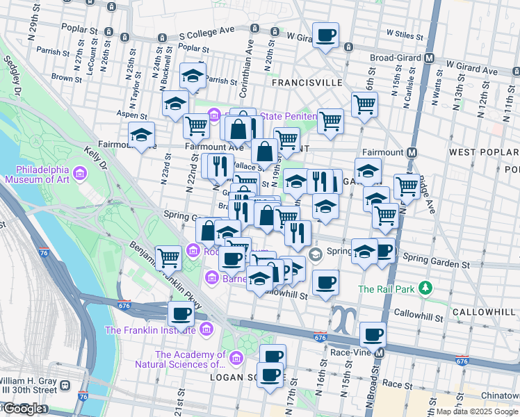 map of restaurants, bars, coffee shops, grocery stores, and more near 1917 Brandywine Street in Philadelphia