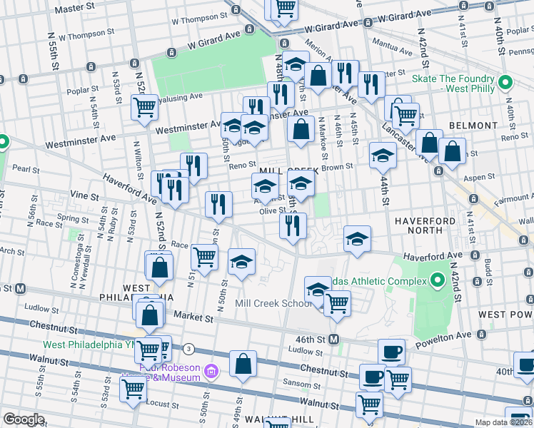map of restaurants, bars, coffee shops, grocery stores, and more near 4834 Olive Street in Philadelphia