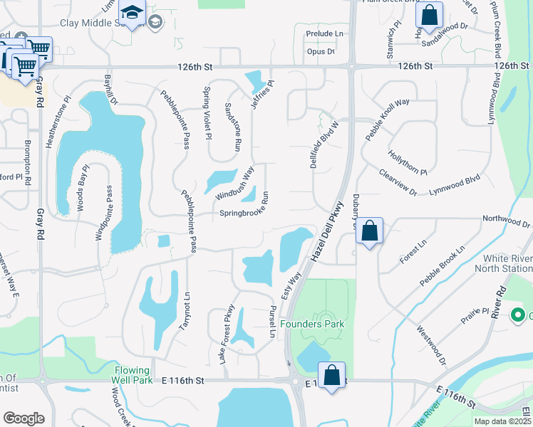 map of restaurants, bars, coffee shops, grocery stores, and more near 12431 Springbrooke Run in Carmel