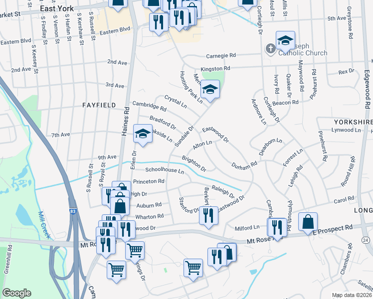 map of restaurants, bars, coffee shops, grocery stores, and more near 540 Alton Lane in East York