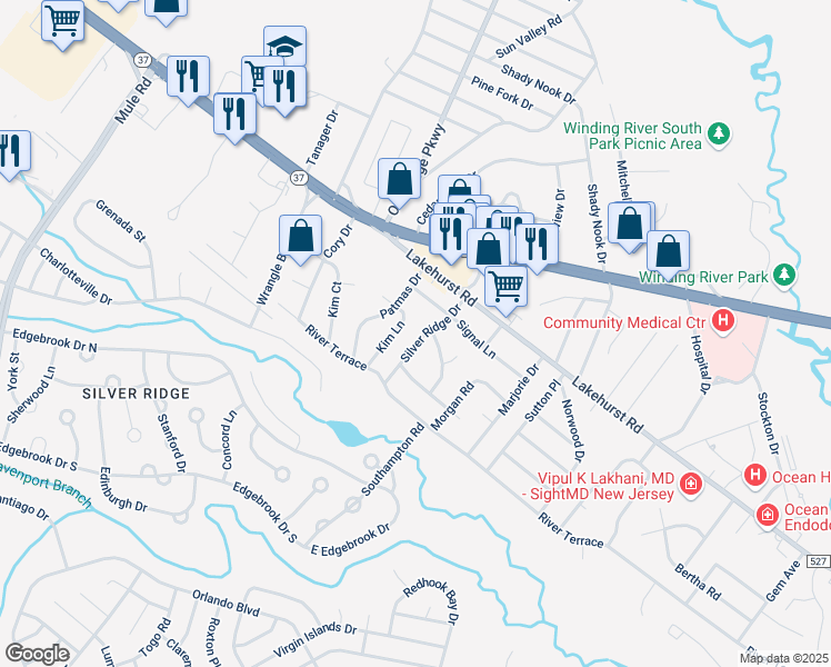 map of restaurants, bars, coffee shops, grocery stores, and more near 18 Silver Ridge Drive in Toms River