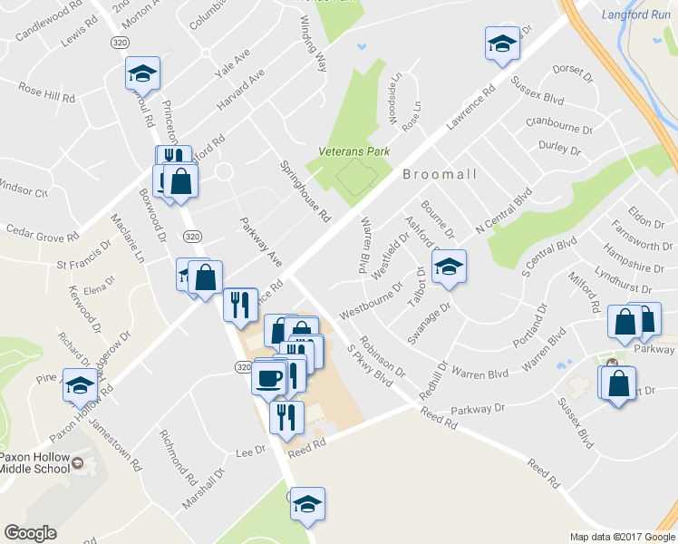 map of restaurants, bars, coffee shops, grocery stores, and more near 412 Westfield Drive in Broomall
