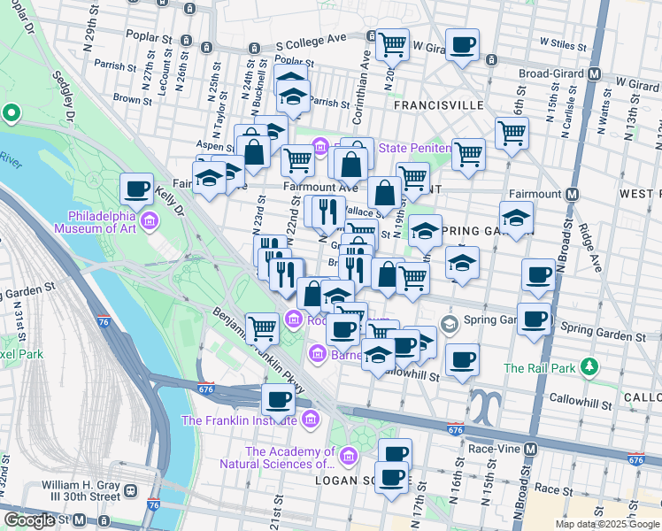 map of restaurants, bars, coffee shops, grocery stores, and more near 2032 Brandywine Street in Philadelphia