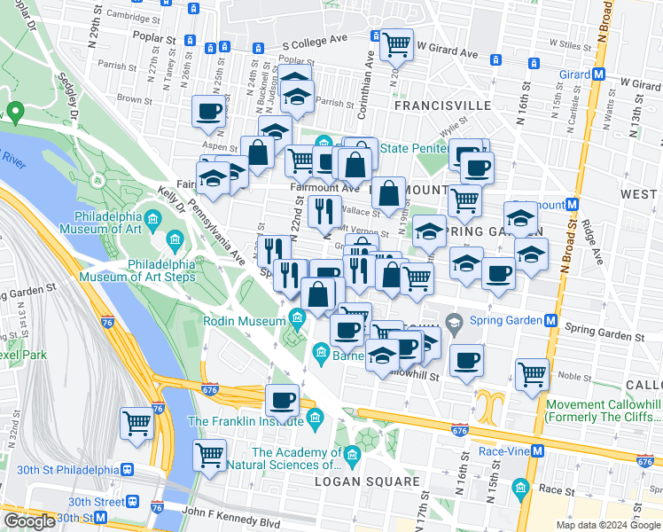 map of restaurants, bars, coffee shops, grocery stores, and more near 2038 Brandywine Street in Philadelphia