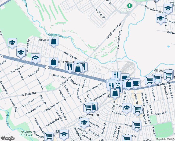 map of restaurants, bars, coffee shops, grocery stores, and more near 28 Golf Road in Upper Darby