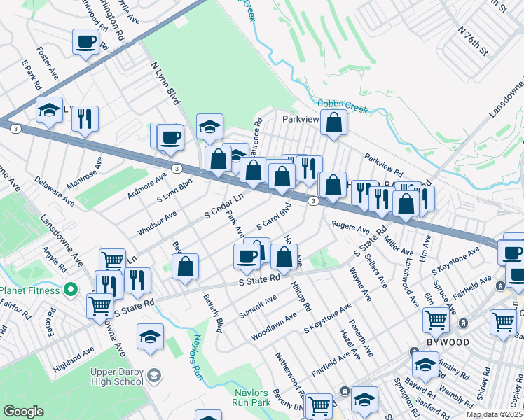 map of restaurants, bars, coffee shops, grocery stores, and more near 27 South Madison Avenue in Delaware County