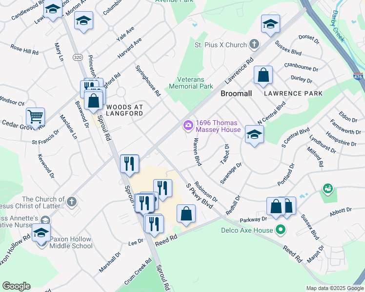 map of restaurants, bars, coffee shops, grocery stores, and more near 412 Westfield Drive in Broomall