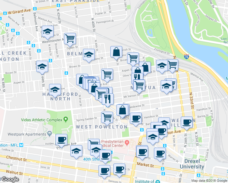 map of restaurants, bars, coffee shops, grocery stores, and more near 3921 Wallace Street in Philadelphia