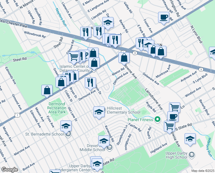 map of restaurants, bars, coffee shops, grocery stores, and more near 1138 Hollywood Avenue in Havertown