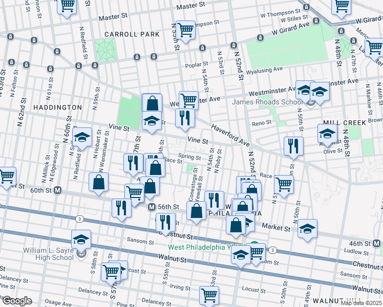 map of restaurants, bars, coffee shops, grocery stores, and more near 5458 Summer Street in Philadelphia
