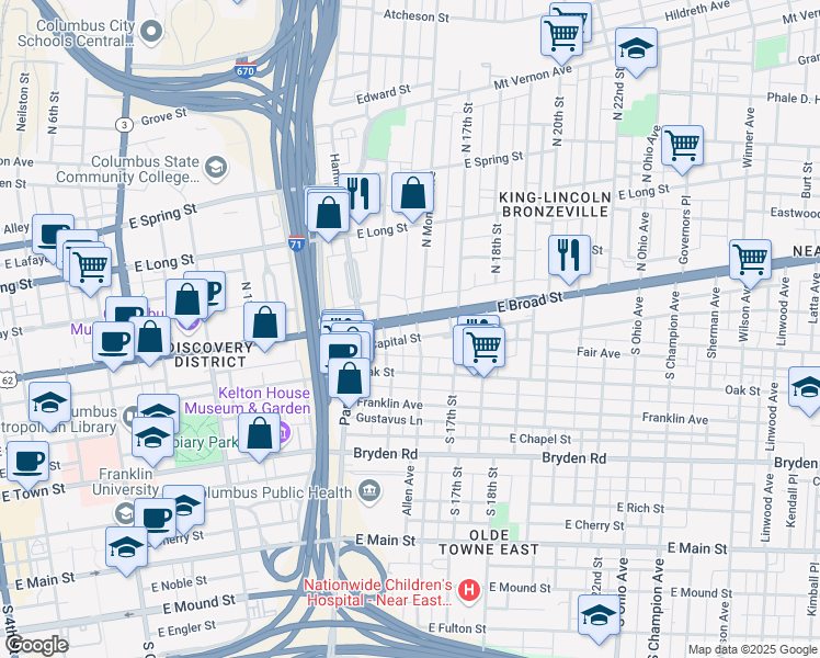 map of restaurants, bars, coffee shops, grocery stores, and more near 807 East Broad Street in Columbus
