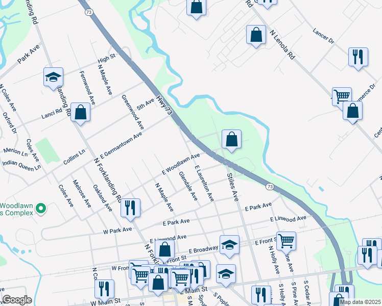 map of restaurants, bars, coffee shops, grocery stores, and more near 3053b New Jersey 73 in Maple Shade