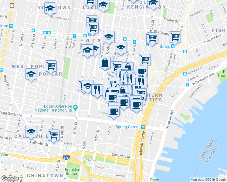 map of restaurants, bars, coffee shops, grocery stores, and more near 722 North 4th Street in Philadelphia