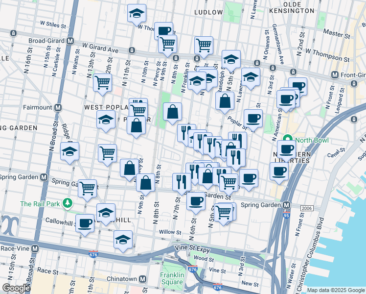 map of restaurants, bars, coffee shops, grocery stores, and more near 705-09 Franklin Place in Philadelphia