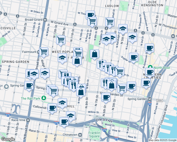 map of restaurants, bars, coffee shops, grocery stores, and more near 666 North 8th Street in Philadelphia