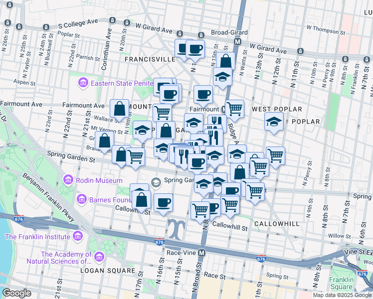map of restaurants, bars, coffee shops, grocery stores, and more near 1520 Mount Vernon Street in Philadelphia