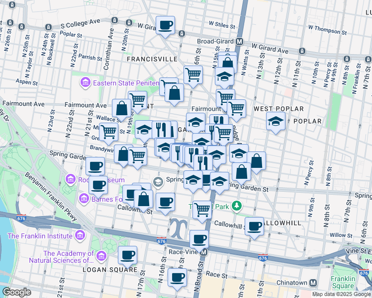 map of restaurants, bars, coffee shops, grocery stores, and more near 1520 Mount Vernon Street in Philadelphia