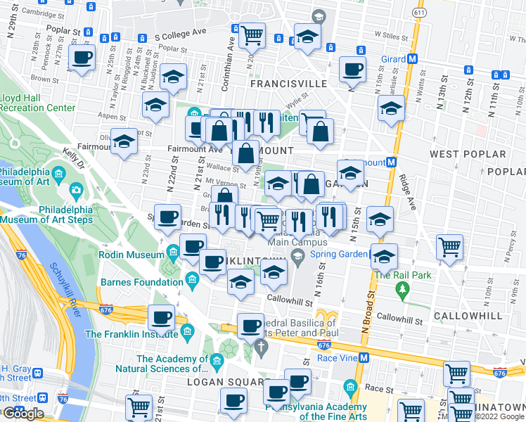 map of restaurants, bars, coffee shops, grocery stores, and more near in Philadelphia
