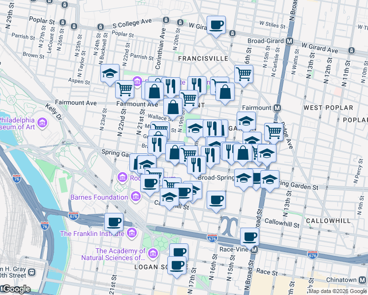 map of restaurants, bars, coffee shops, grocery stores, and more near in Philadelphia