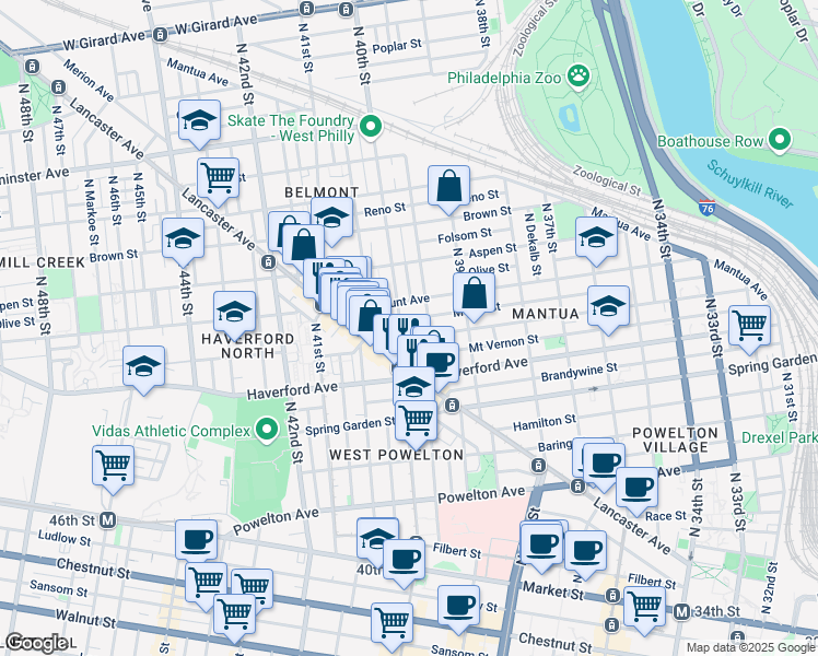 map of restaurants, bars, coffee shops, grocery stores, and more near 639 North 40th Street in Philadelphia