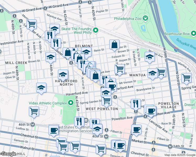 map of restaurants, bars, coffee shops, grocery stores, and more near 4040 Lancaster Avenue in Philadelphia
