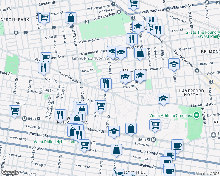 map of restaurants, bars, coffee shops, grocery stores, and more near 400 North 50th Street in Philadelphia