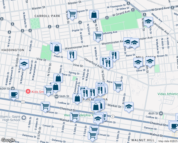 map of restaurants, bars, coffee shops, grocery stores, and more near 236 North 53rd Street in Philadelphia