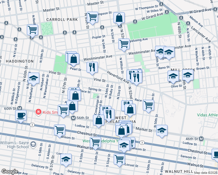 map of restaurants, bars, coffee shops, grocery stores, and more near 231 North 54th Street in Philadelphia