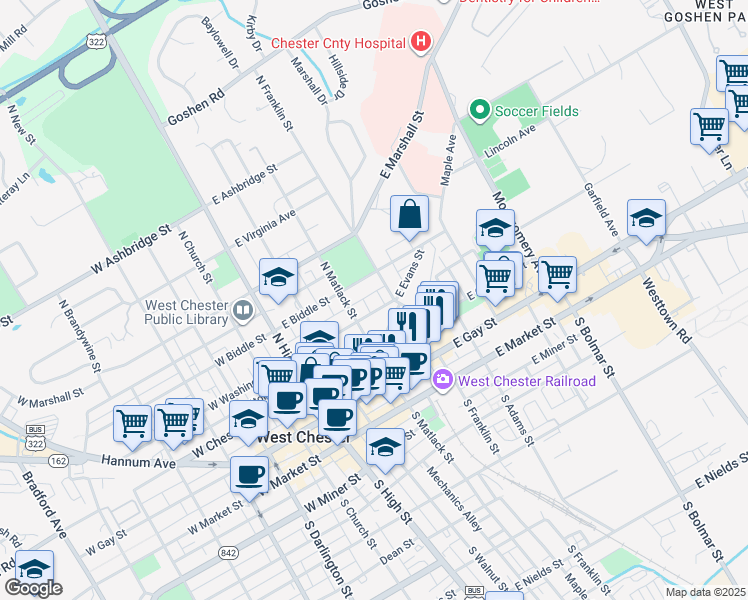 map of restaurants, bars, coffee shops, grocery stores, and more near in West Chester