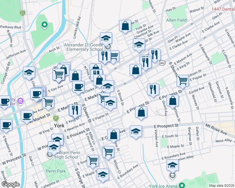 map of restaurants, bars, coffee shops, grocery stores, and more near 21 Columbia Avenue in York