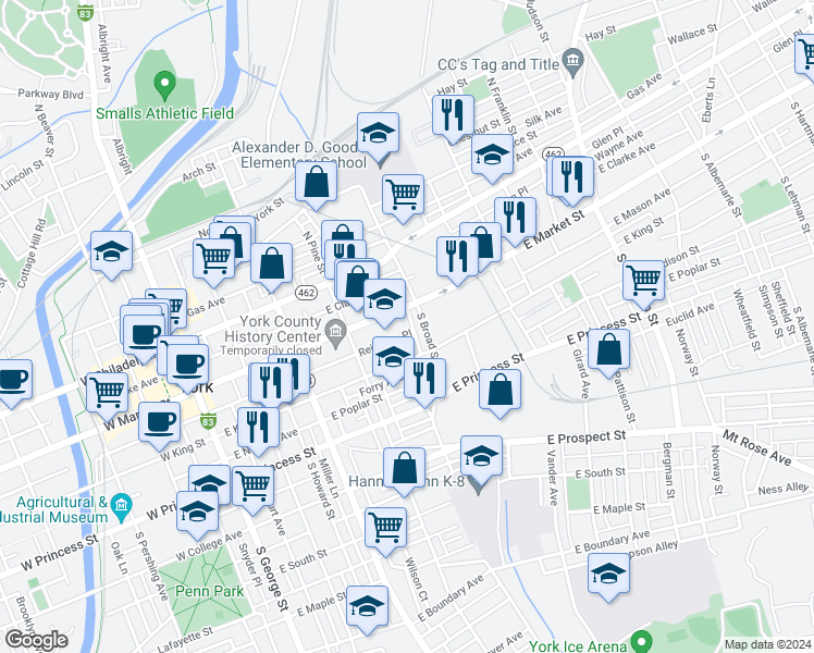 map of restaurants, bars, coffee shops, grocery stores, and more near 21 Columbia Avenue in York