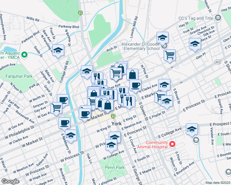 map of restaurants, bars, coffee shops, grocery stores, and more near in York
