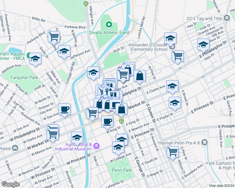 map of restaurants, bars, coffee shops, grocery stores, and more near 15 East Philadelphia Street in York