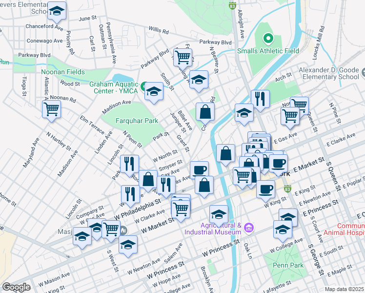 map of restaurants, bars, coffee shops, grocery stores, and more near 309 North Newberry Street in York