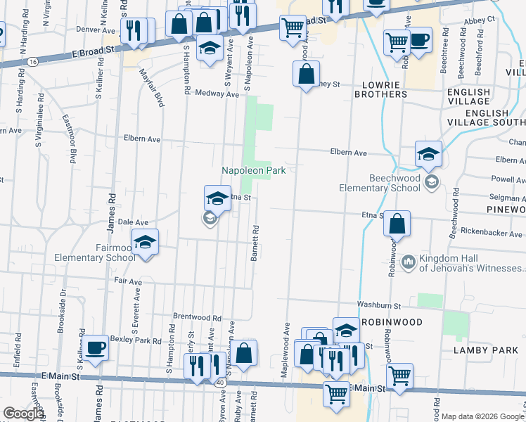 map of restaurants, bars, coffee shops, grocery stores, and more near 396 Barnett Road in Columbus