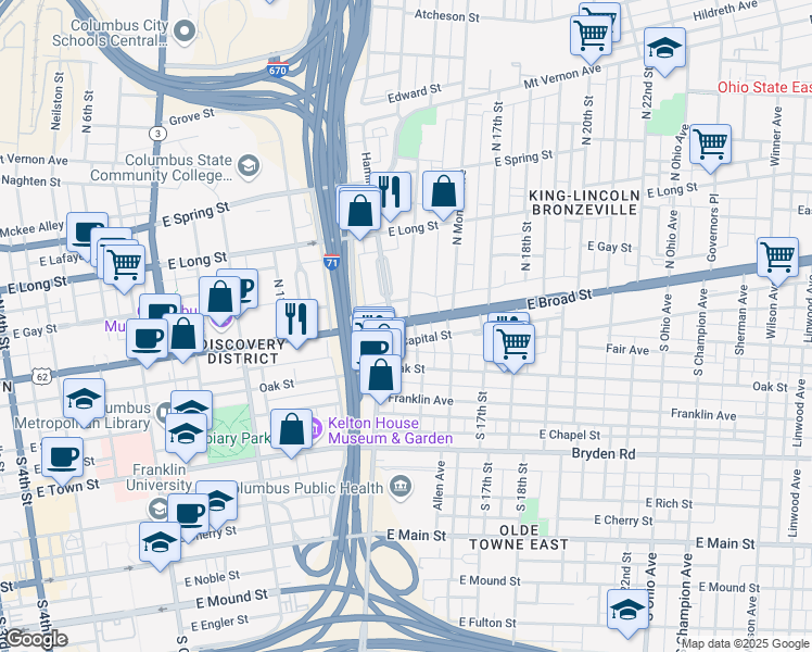 map of restaurants, bars, coffee shops, grocery stores, and more near 775 East Broad Street in Columbus
