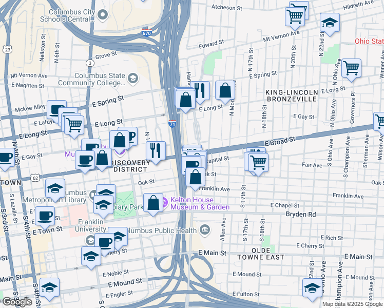 map of restaurants, bars, coffee shops, grocery stores, and more near in Columbus