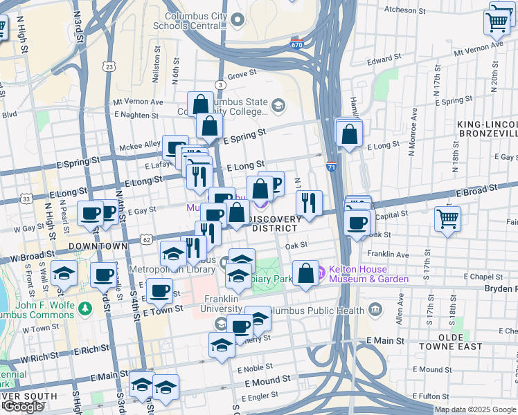 map of restaurants, bars, coffee shops, grocery stores, and more near 480 East Broad Street in Columbus