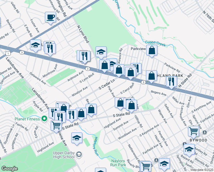 map of restaurants, bars, coffee shops, grocery stores, and more near 203 South Cedar Lane in Delaware County