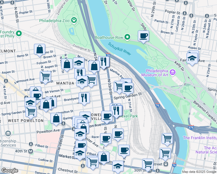 map of restaurants, bars, coffee shops, grocery stores, and more near 3301 Haverford Avenue in Philadelphia