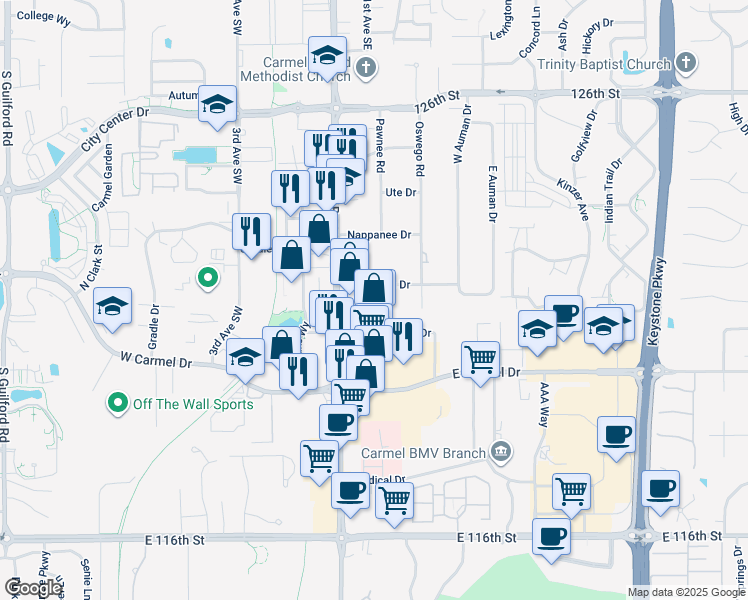 map of restaurants, bars, coffee shops, grocery stores, and more near 31 Shoshone Dr in Carmel