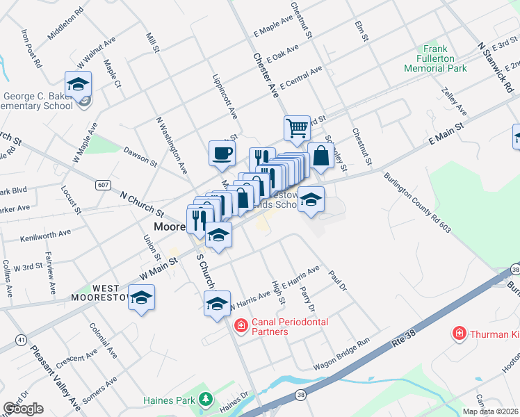 map of restaurants, bars, coffee shops, grocery stores, and more near 21 East Main Street in Moorestown