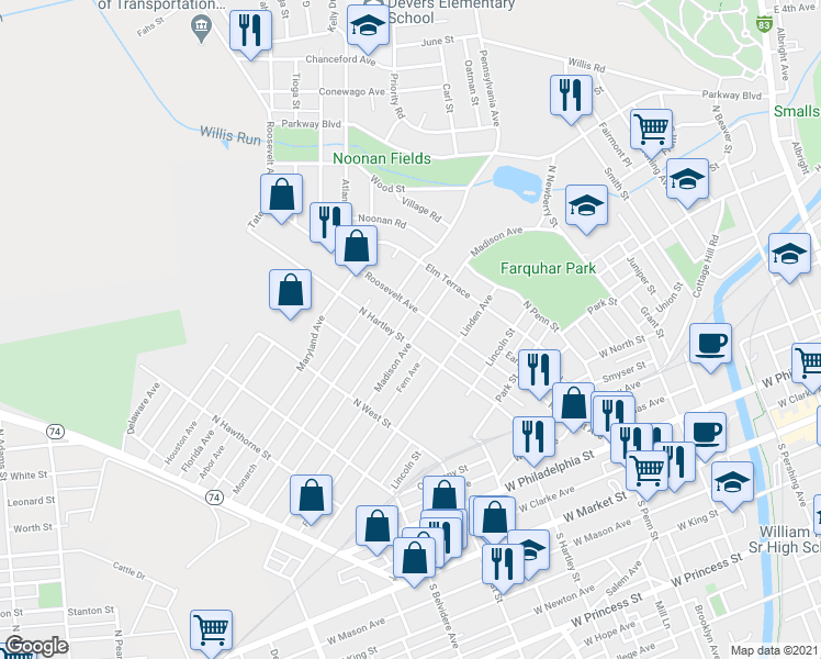 map of restaurants, bars, coffee shops, grocery stores, and more near 485 Madison Avenue in York
