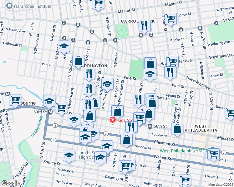 map of restaurants, bars, coffee shops, grocery stores, and more near 157 North Hobart Street in Philadelphia