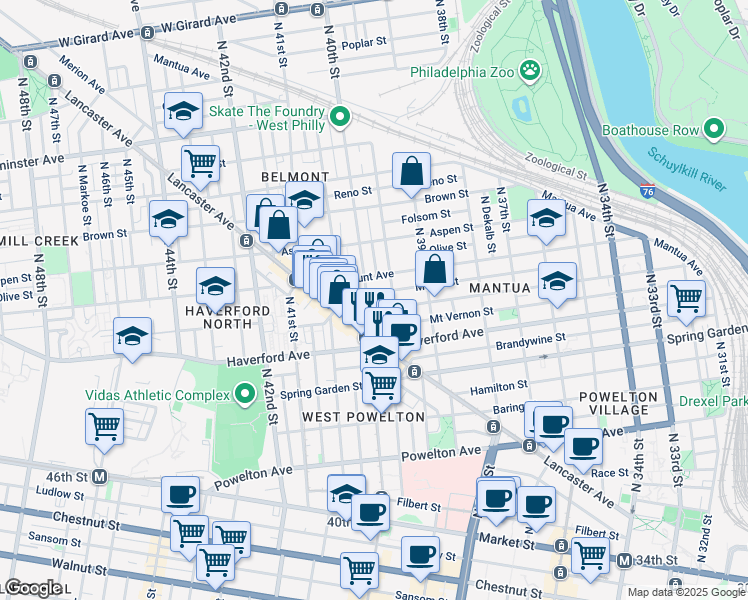 map of restaurants, bars, coffee shops, grocery stores, and more near 639 North 40th Street in Philadelphia